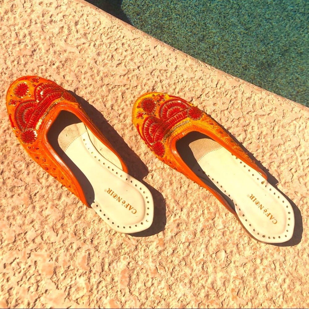 Italian orange beaded and sequence slip Ons.